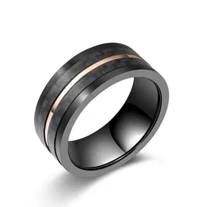 Bague pour Homme en Fibre de Carbone et Acier Inoxydable Noir Or Rose Bicolore Polie Minimaliste Industriel Bijoux Cadeau pour Homme