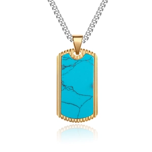 Men's rectangular turquoise pendant necklace with gold textured edges on silver Cuban chain