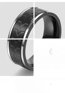 Macro shot of men's wide band ring with black V-shaped textures and brushed steel edges