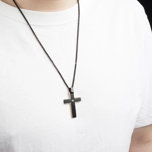 Two-tone black and rose gold stainless steel cross pendant necklace for men
