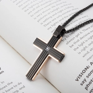 Two-tone black and rose gold stainless steel cross pendant necklace with zircon stone