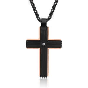 Two-tone black and rose gold stainless steel cross necklace with crystal for men