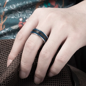 Bague pour homme en acier inoxydable argent et noir avec double insert saphir bleu