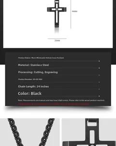 Détails du pendentif croix noire évidée avec hauteur de 44mm et dimensions de la chaîne