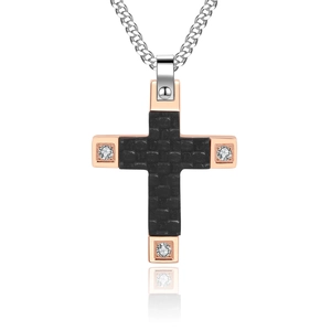 Collana a croce da uomo in oro rosa e fibra di carbonio con intarsio in zircone