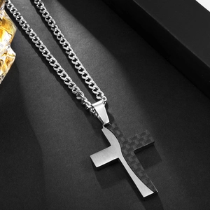Silver and black carbon fiber cross necklace for men with durable cuban chain