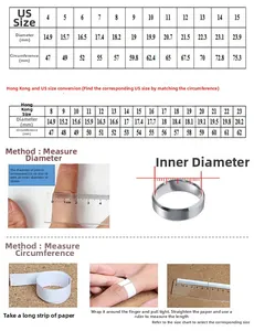 Size chart for tungsten style steel ring showing US and HK sizes with measurement steps