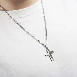 Men's stainless steel cross necklace with silver metal and carbon fiber inlay detail