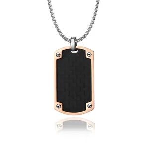 Collier Homme Acier Inoxydable Plaque Militaire Incrustation Fibre de Carbone Pendentif Style Industriel Chaîne Boîte