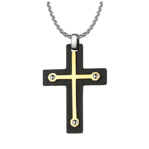 Collier Pendentif Croix en Acier Inoxydable et Fibre de Carbone Rétro Punk Bijoux Hip Hop Cadeau pour Hommes