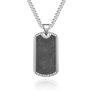 Men's rectangular carbon fiber necklace with silver textured metal military tag pendant