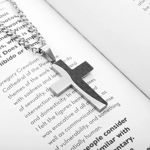 Modern stainless steel cross pendant with black carbon fiber inlay and cuban chain
