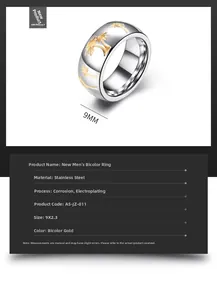 Macro detail of 9mm stainless steel ring featuring gold palm tree relief and silver finish