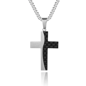 Polished stainless steel cross pendant necklace with black carbon fiber inlay on Cuban chain