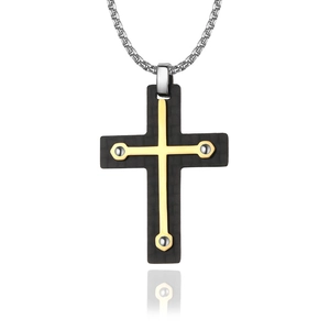 Pendentif croix homme en acier titane avec fibre de carbone noire et insert doré