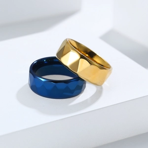 Men's geometric faceted stainless steel rings in gold and navy blue finish