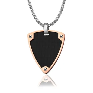 Retro Stainless Steel Shield Hip Hop Pendant Necklace For Men Carbon Fiber Texture Rivet Punk Industrial Jewelry Gift