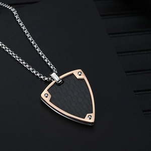 Retro shield necklace with carbon fiber inlay and rose gold frame on box chain