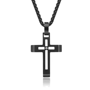 Collier Pendentif Croix Creuse en Acier Inoxydable Minimaliste pour Hommes avec Strass Chaîne de Blé Noire Bijoux Religieux