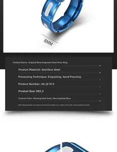 Makro-Detail eines 8mm blauen Edelstahls-Rings mit Rillen und sandgestrahlter Oberfläche