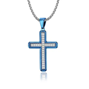 Collier Pendentif Croix en Acier Inoxydable Motif à Vagues pour Homme Bleu Noir Plaqué Bijoux Religieux Orné de Strass