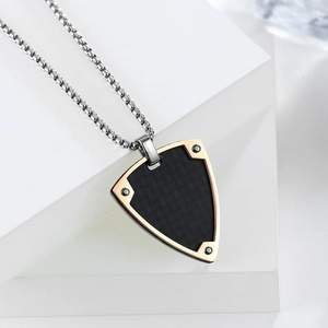 Men's retro shield necklace with carbon fiber inlay and gold frame on silver box chain