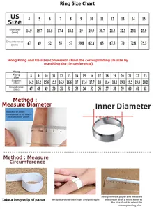 Size chart for men's rings showing US and Hong Kong sizes with measurement guide