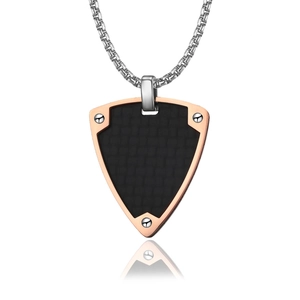 Vintage shield necklace for men with carbon fiber inlay and stainless steel chain