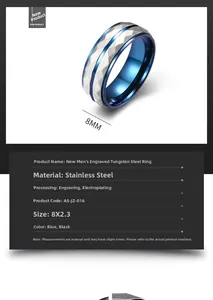 Macro detail of 8mm men's stainless steel ring with blue and silver rhombic texture