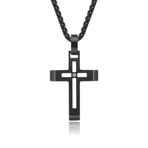 Pendentif croix en acier titane noir pour homme avec pierre zircon et chaîne épi