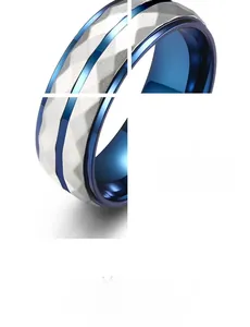 Macro detail of men's titanium steel ring with geometric facets and blue plating