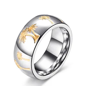 Stainless Steel Two-Tone Palm Tree Ring Men Women Tropical Wide Band Finger Ring Jewelry Gift For Vacation Beach Wear