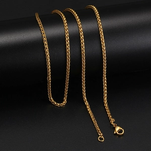Polished gold stainless steel wheat chain necklace with secure lobster clasp for unisex wear