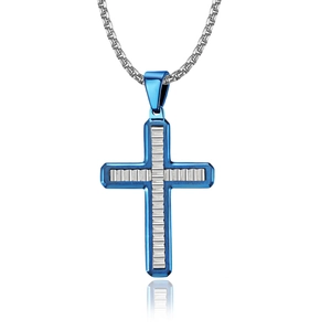 Collier croix minimaliste pour hommes avec placage bleu et texture de vagues argentée