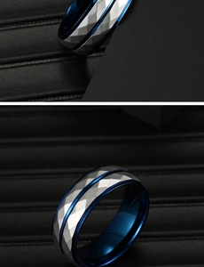 Detail view of men's titanium ring with diamond cut texture and blue inner band plating