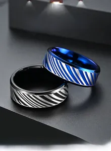 Polished titanium steel ring detail showing diagonal stripes and dual-tone finish