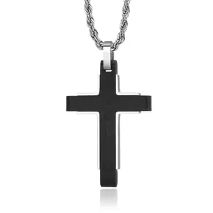 Men Stainless Steel Cross Pendant Necklace Black Silver Dual Tone Industrial Style Religious Fashion Jewelry Gift For Men