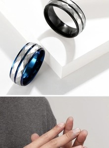 Detail of dual-tone men's ring featuring geometric diamond-cut facets and black inner band
