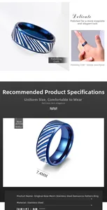 Detail of 7.4mm men's stainless steel ring with Damascus pattern and blue plating