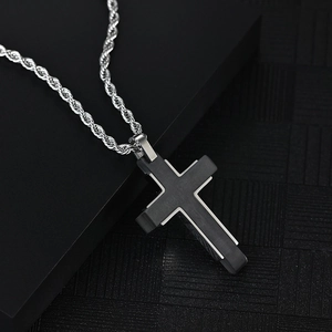 Two-tone stainless steel cross pendant necklace with silver twist chain for men
