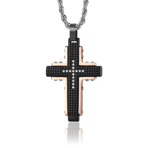 Pendentif croix bicolore pour homme en acier titane avec diamants et chaîne torsadée