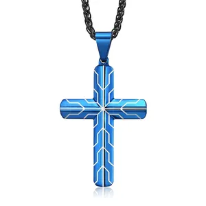 Collier Pendentif Croix Hip Hop Cyberpunk en Acier Inoxydable Titane Motif Circuit Texture de Pneu Bijoux Pour Hommes