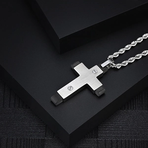Two-tone stainless steel cross necklace with brushed metal finish and rope chain for men