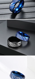 Macro detail of men's stainless steel ring showing diagonal textured stripes and dual colors