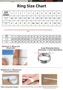 Detailed size guide for titanium steel rings showing US and HK measurements with scaling tips