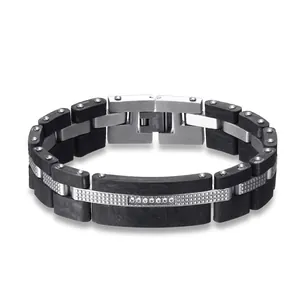 Bracelet Homme Industriel en Acier Inoxydable Texture Fibre de Carbone Strass Incrusté Style Hip Hop Bijoux Cadeau Pour Homme