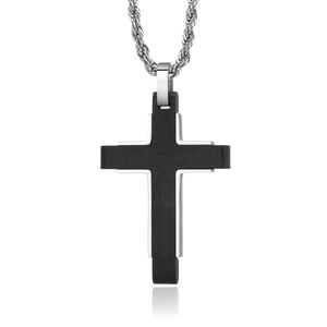 Two-tone stainless steel cross pendant necklace for men with a silver twist rope chain