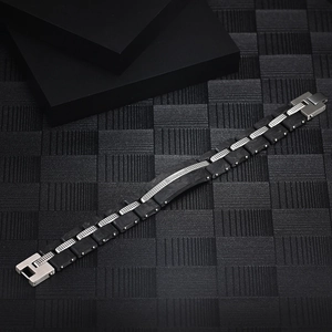 Bracelet pour homme en acier inoxydable et fibre de carbone avec maillons argentés et noirs