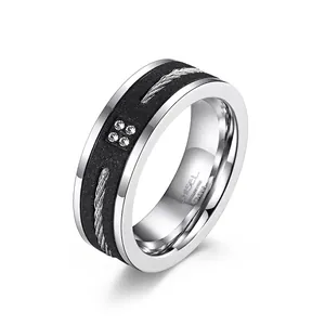 Bague en Acier Inoxydable Dépoli pour Hommes Avec Câble Métallique Incrusté de Strass Deux Tons Style Industriel Bijoux de Bande Géométrique