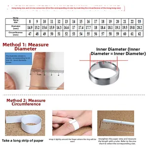 Size guide for men's twill ring showing HK size, diameter, and measurement steps